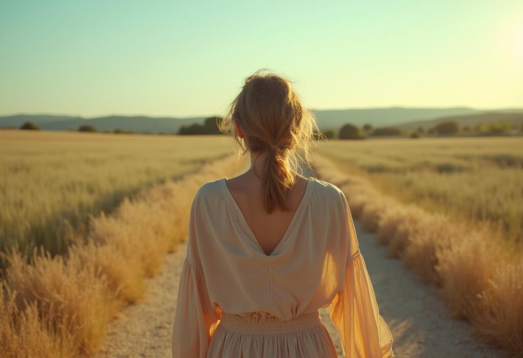 Femme vue de dos marchant sur un chemin de terre entouré de champs dorés au lever du soleil, illustrant la découverte de soi, le self-care et la liberté intérieure.